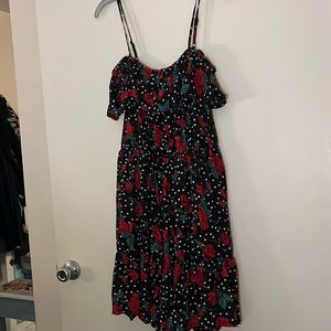 NWT boohoo black cold shoulder sundress with red roses and white polka dots